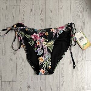 Hobie Hibiscus Luau Loop Tie Bikini Bottoms Size XL Floral Hawaiian Black Pink